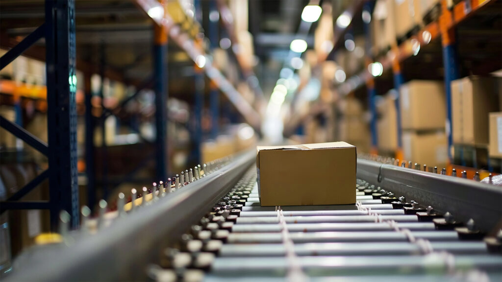 Box on a conveyor belt representing electronics fulfilment and logistics services
