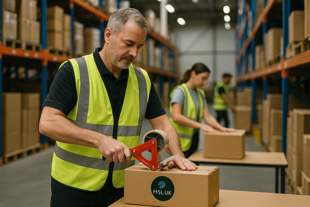 Warehouse staff packing parcels in a modern 3PL fulfilment centre at MSL UK, showing efficient order processing and logistics operations.
